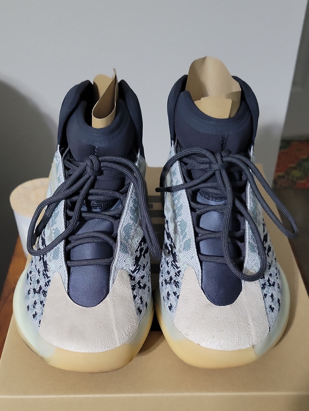 adidas YZY QNTM Knit High-Top Sneakers in Gray, Cream and Blue